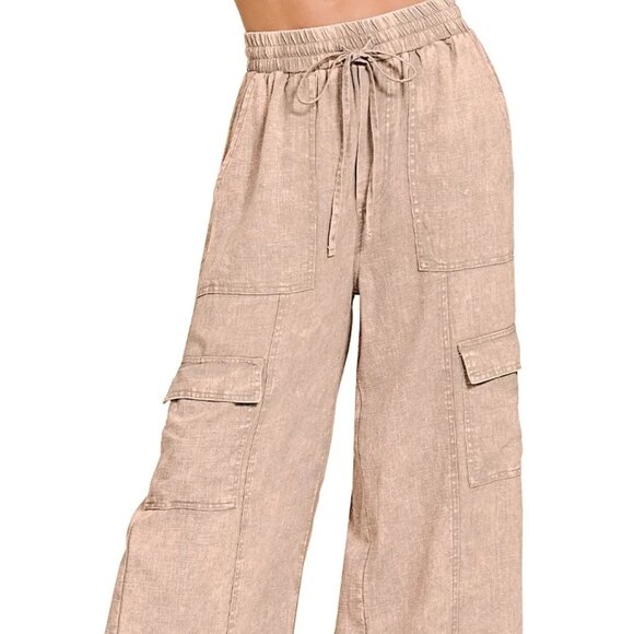Zenana Washed Linen Elastic Band Waist Cargo Pants - Picture 1 of 4